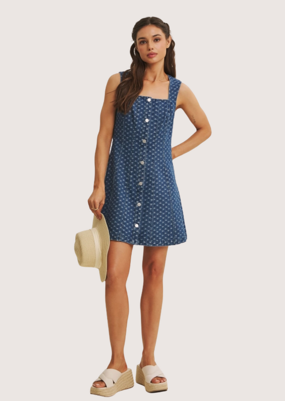 IN FEBRUARY Picnic Day Mineral-Washed Denim Heart Fit & Flare Mini Dress