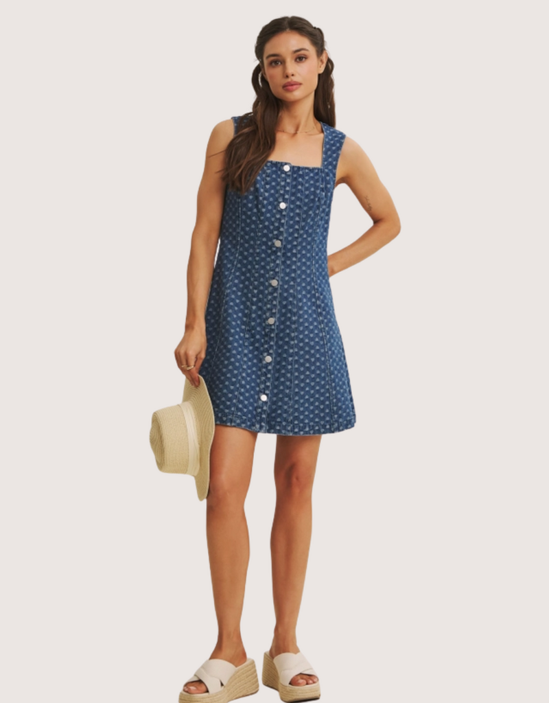 IN FEBRUARY Picnic Day Mineral-Washed Denim Heart Fit & Flare Mini Dress