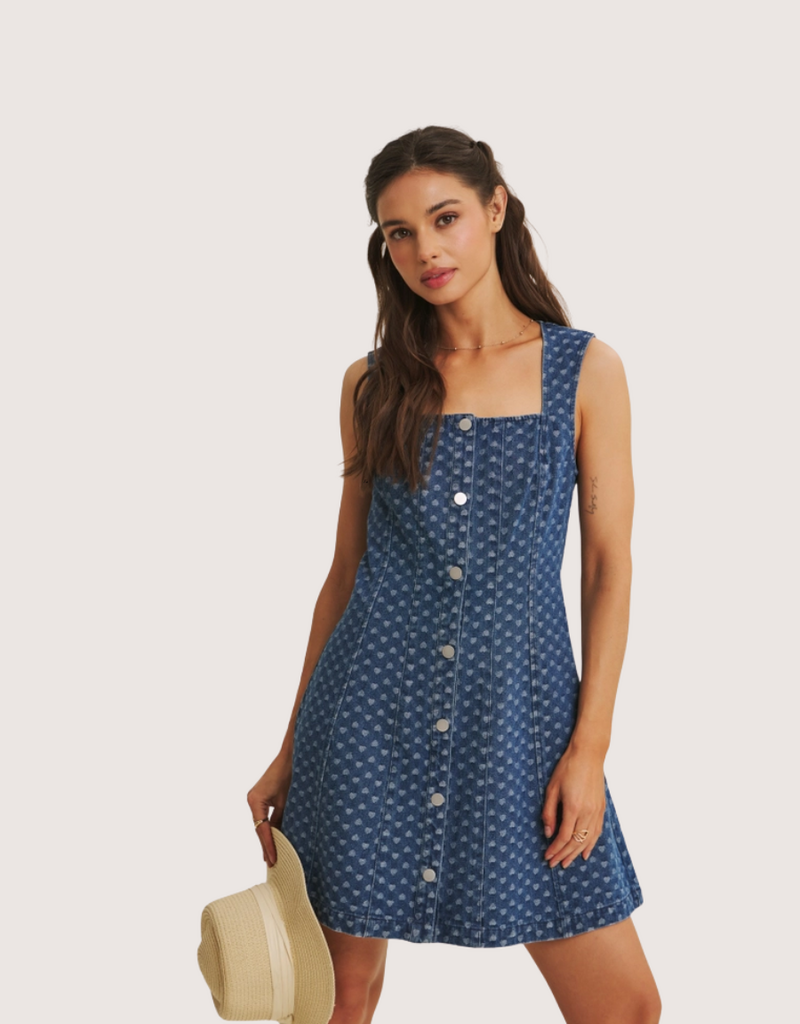IN FEBRUARY Picnic Day Mineral-Washed Denim Heart Fit & Flare Mini Dress