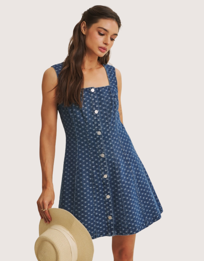 IN FEBRUARY Picnic Day Mineral-Washed Denim Heart Fit & Flare Mini Dress
