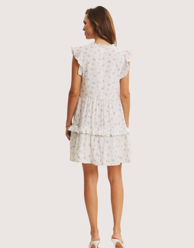 IN FEBRUARY Perfectly Sweet Airy Double Gauze Floral Flare Mini Dress Blue