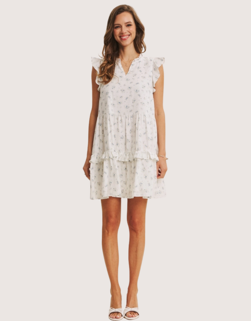 IN FEBRUARY Perfectly Sweet Airy Double Gauze Floral Flare Mini Dress Blue