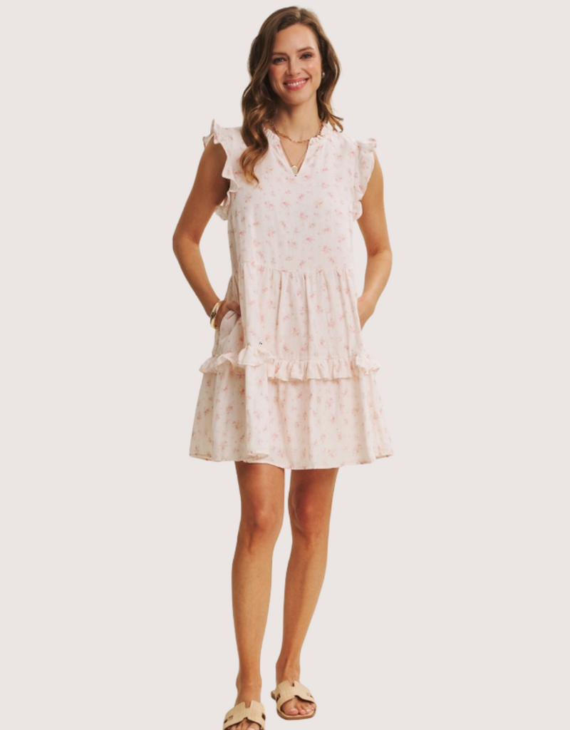 IN FEBRUARY Perfectly Sweet Airy Double Gauze Floral Flare Mini Dress Pink