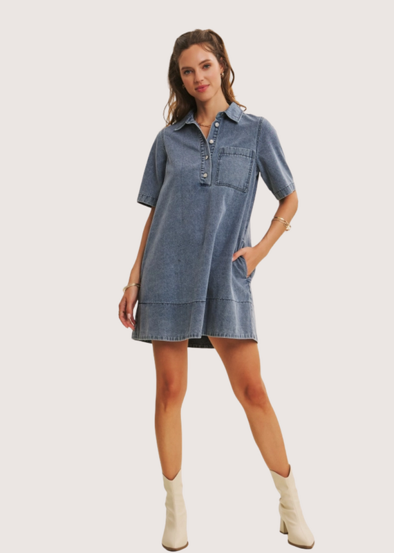 IN FEBRUARY Vintage Utility Denim Washed Relaxed Fit A-Line Mini Dress