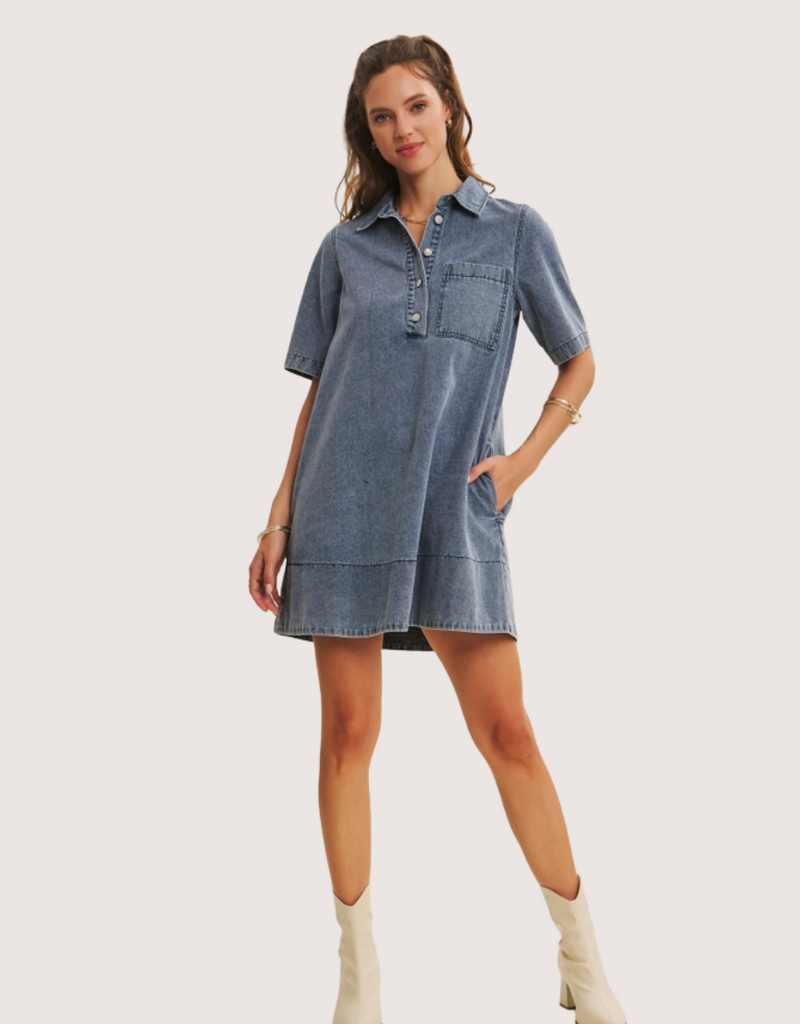 IN FEBRUARY Vintage Utility Denim Washed Relaxed Fit A-Line Mini Dress