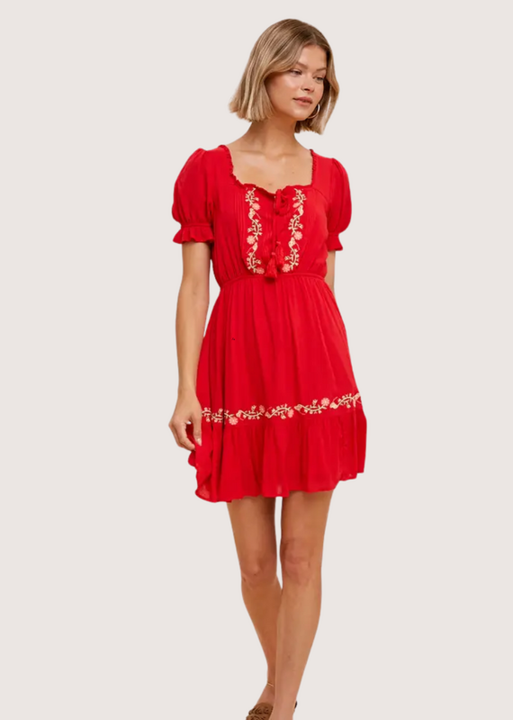 IN LOOM Floral Embroidery Peasant Dress Chili