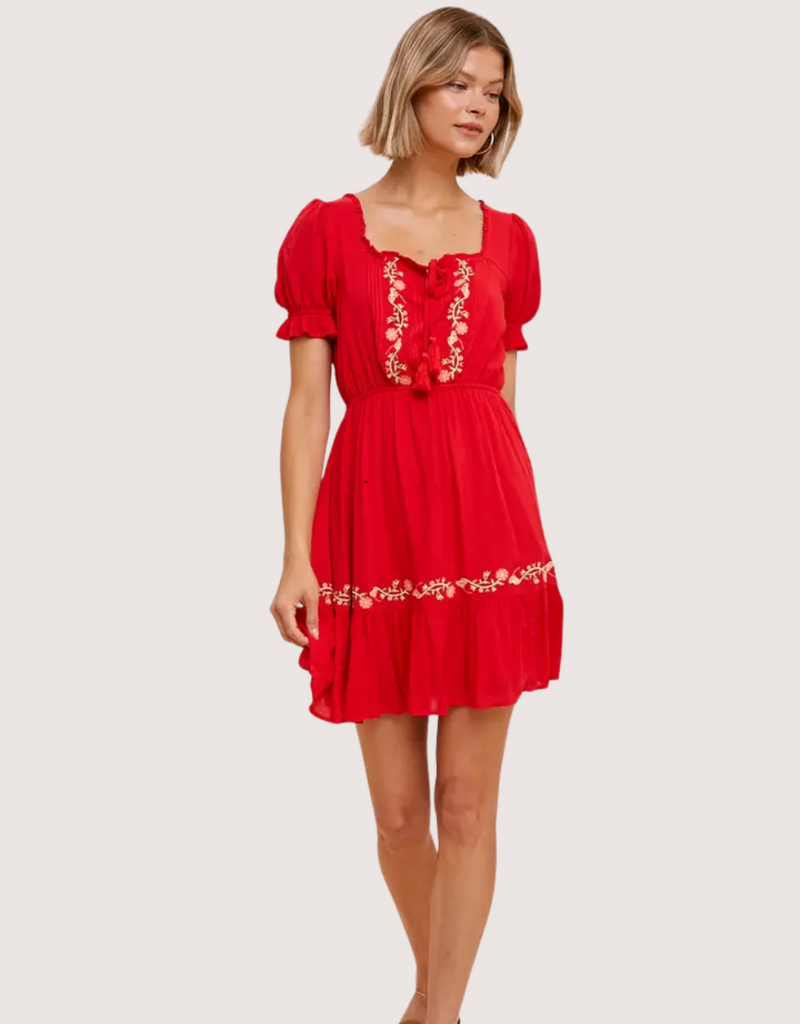 IN LOOM Floral Embroidery Peasant Dress Chili