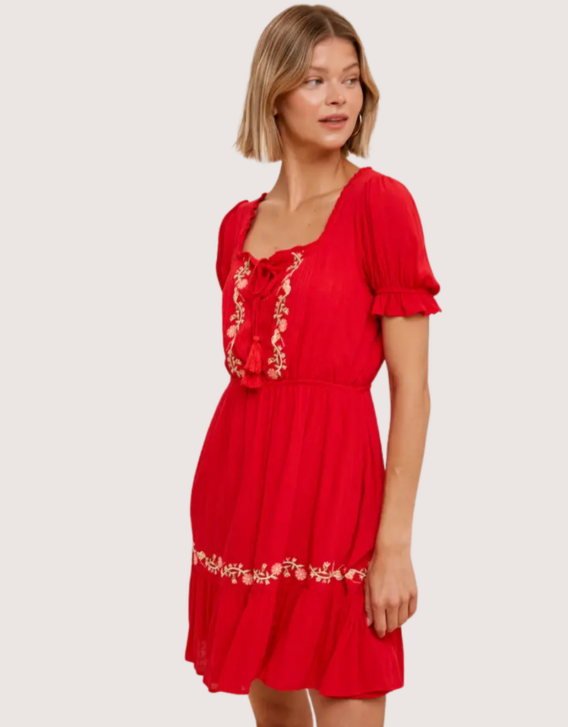 IN LOOM Floral Embroidery Peasant Dress Chili