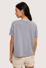 IN LOOM Garment Washed Button Front Lace Trim Top Chambray