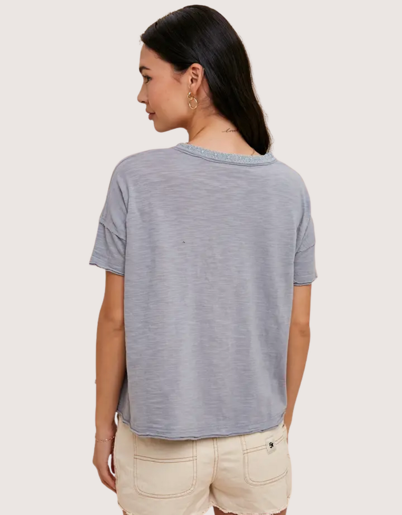 IN LOOM Garment Washed Button Front Lace Trim Top Chambray