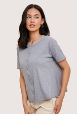 IN LOOM Garment Washed Button Front Lace Trim Top Chambray