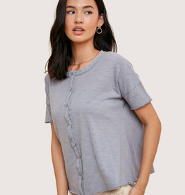 IN LOOM Garment Washed Button Front Lace Trim Top Chambray