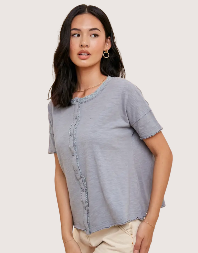 IN LOOM Garment Washed Button Front Lace Trim Top Chambray