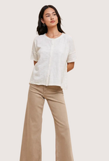 IN LOOM Garment Washed Button Front Lace Trim Top Off White