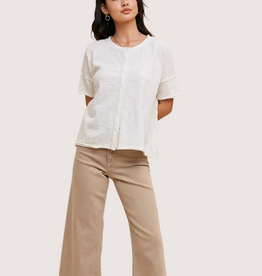 IN LOOM Garment Washed Button Front Lace Trim Top Off White