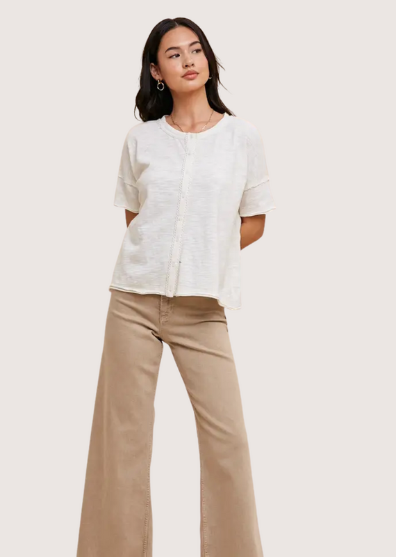 IN LOOM Garment Washed Button Front Lace Trim Top Off White