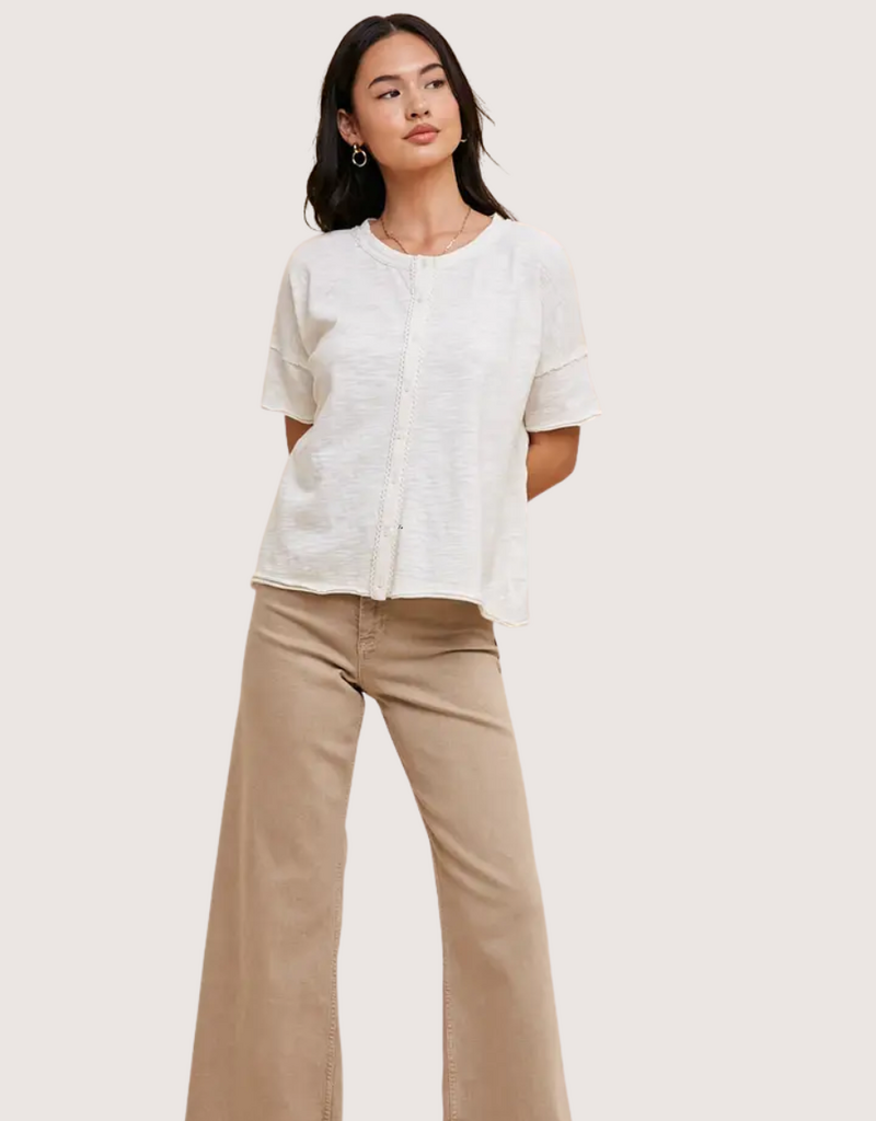 IN LOOM Garment Washed Button Front Lace Trim Top Off White