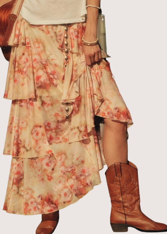 PROMESA Floral Print Chiffon Tiered Side Ruffle Maxi Skirt Cream