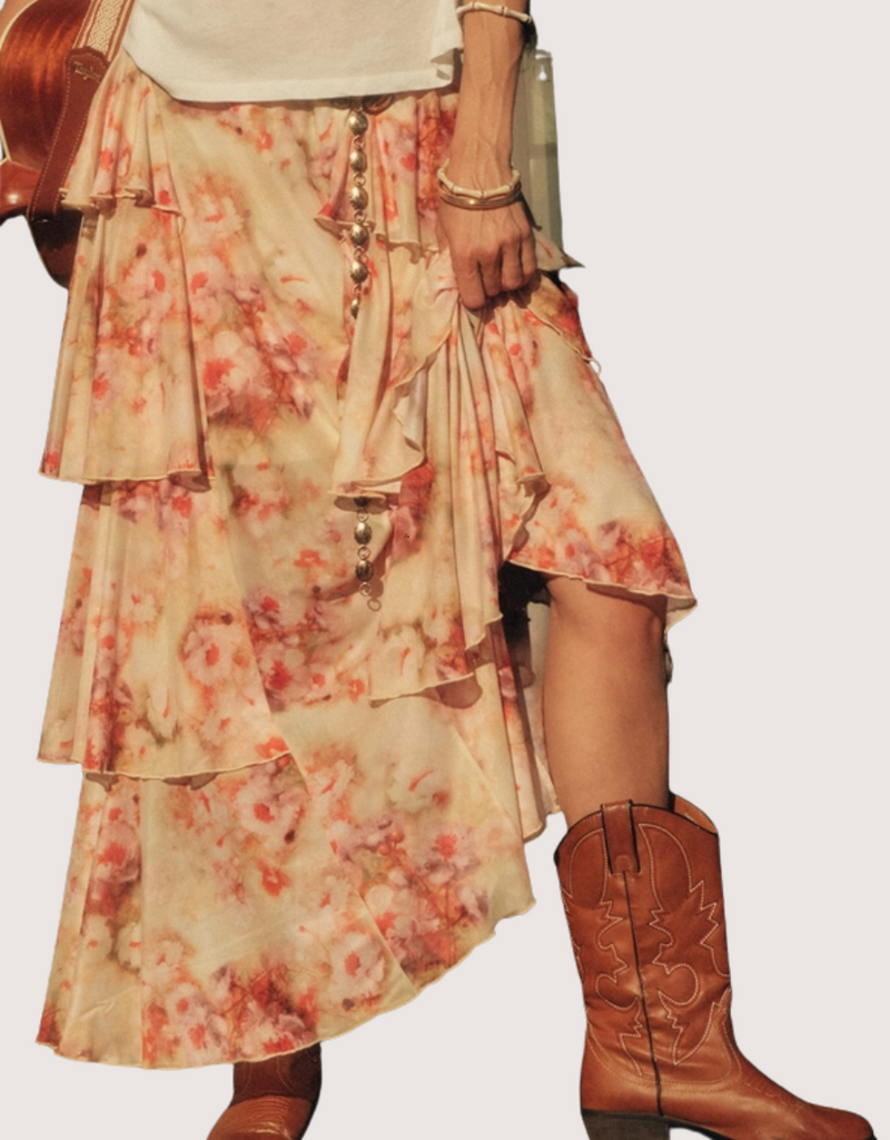 PROMESA Floral Print Chiffon Tiered Side Ruffle Maxi Skirt Cream