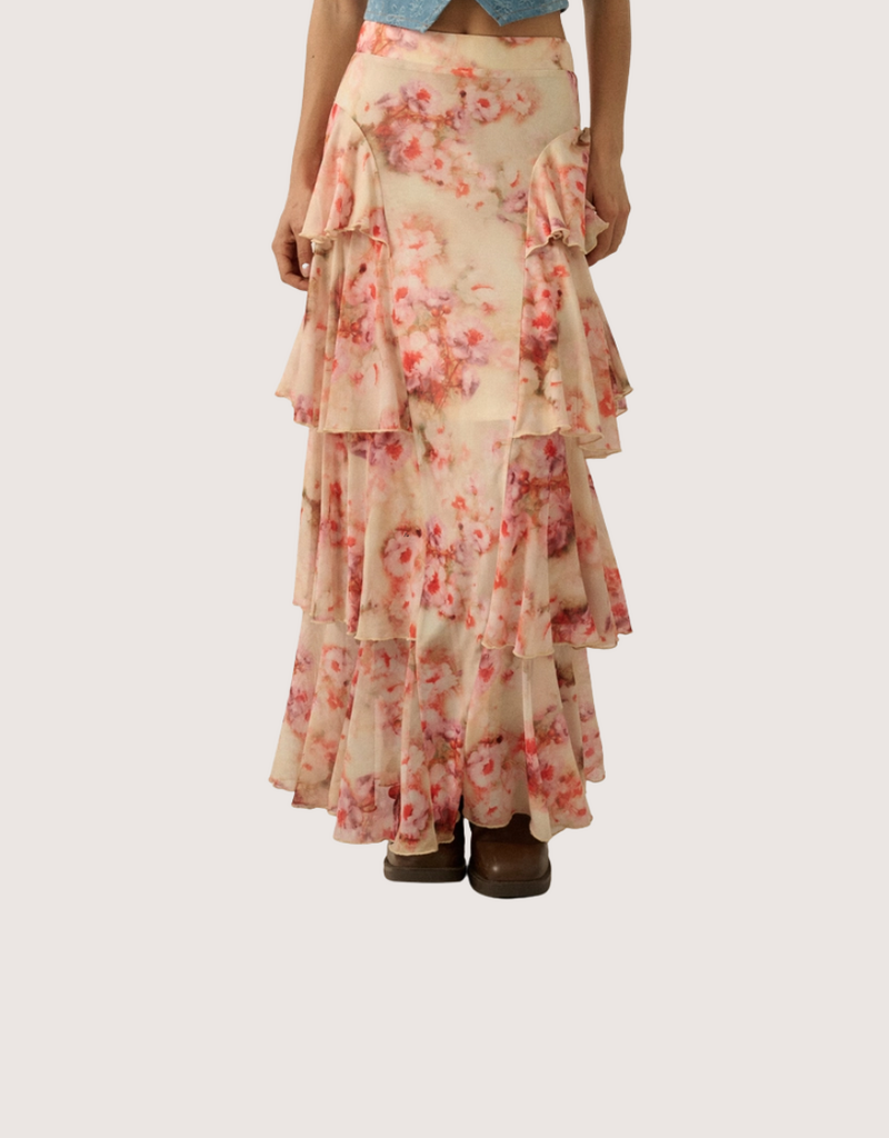 PROMESA Floral Print Chiffon Tiered Side Ruffle Maxi Skirt Cream