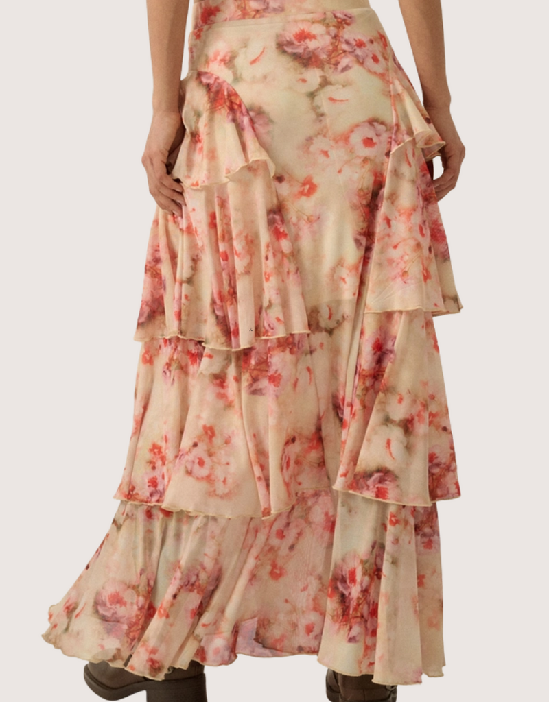 PROMESA Floral Print Chiffon Tiered Side Ruffle Maxi Skirt Cream