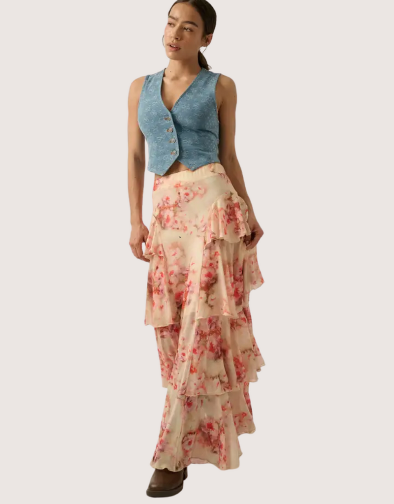 PROMESA Floral Print Chiffon Tiered Side Ruffle Maxi Skirt Cream