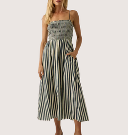 PROMESA Striped Cotton Blend Smocked Pocket Midi Dress Black