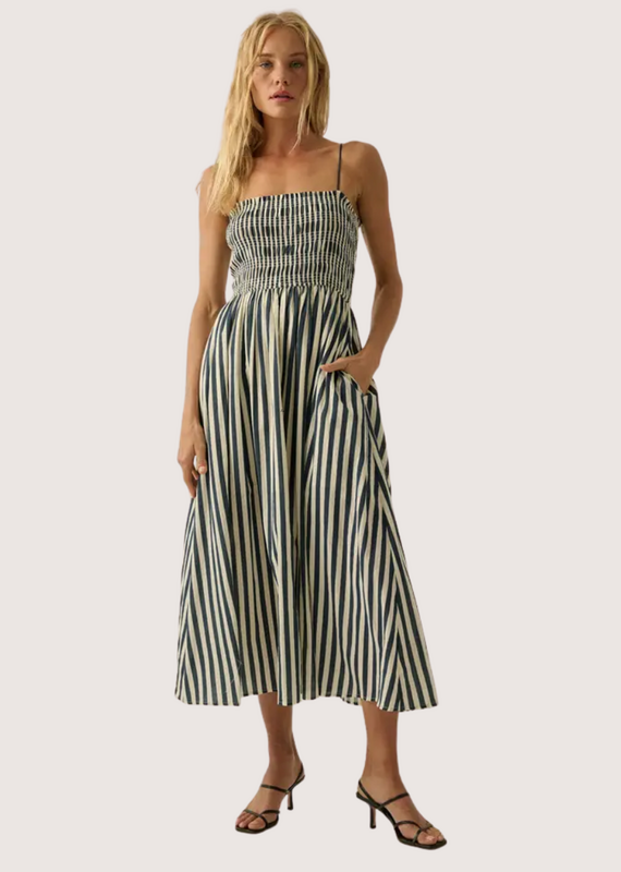 PROMESA Striped Cotton Blend Smocked Pocket Midi Dress Black