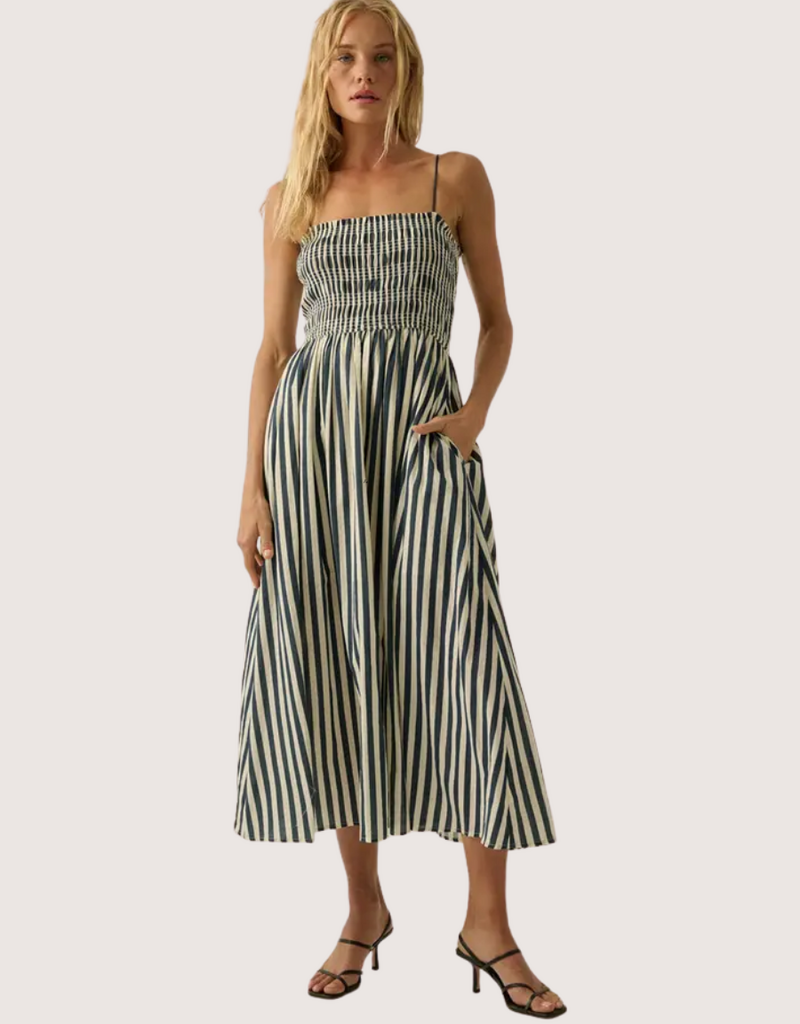 PROMESA Striped Cotton Blend Smocked Pocket Midi Dress Black