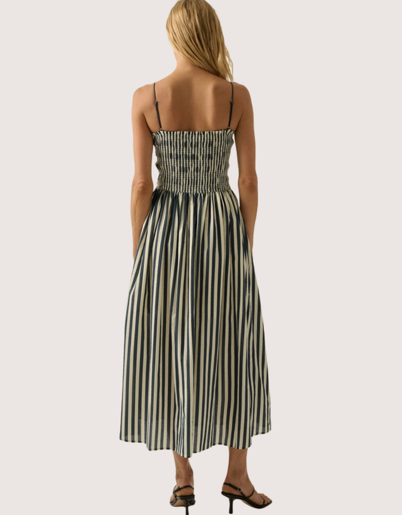 PROMESA Striped Cotton Blend Smocked Pocket Midi Dress Black