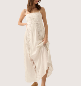 PROMESA Crochet Lace and Crepe Paneled Maxi Dress Off White