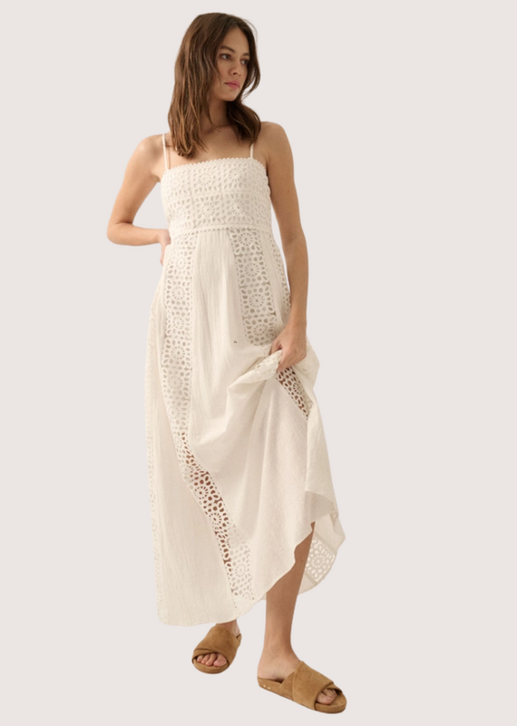 PROMESA Crochet Lace and Crepe Paneled Maxi Dress Off White