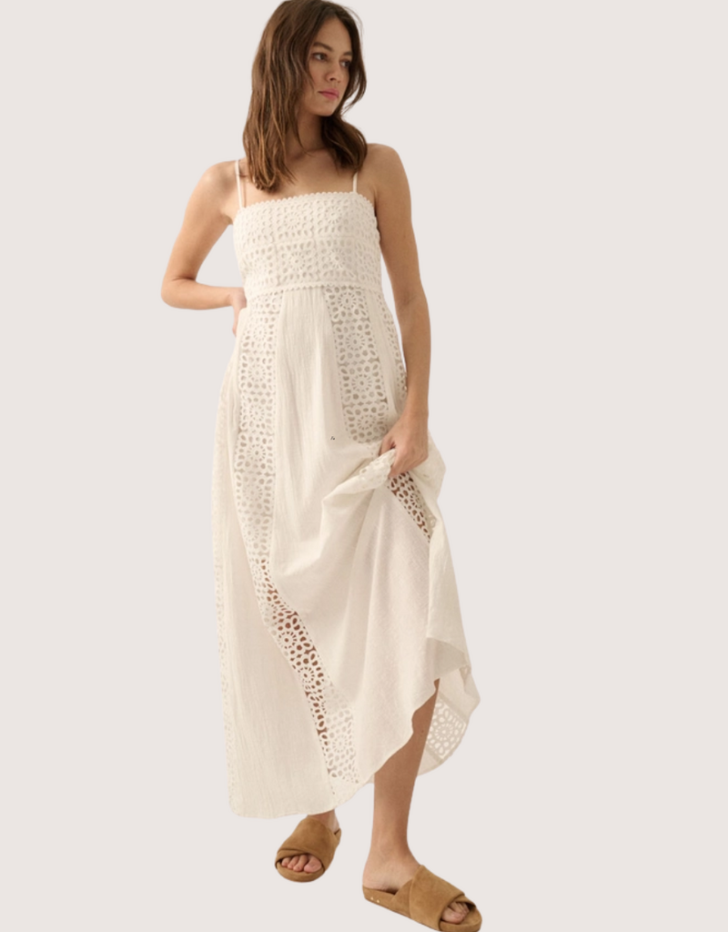 PROMESA Crochet Lace and Crepe Paneled Maxi Dress Off White