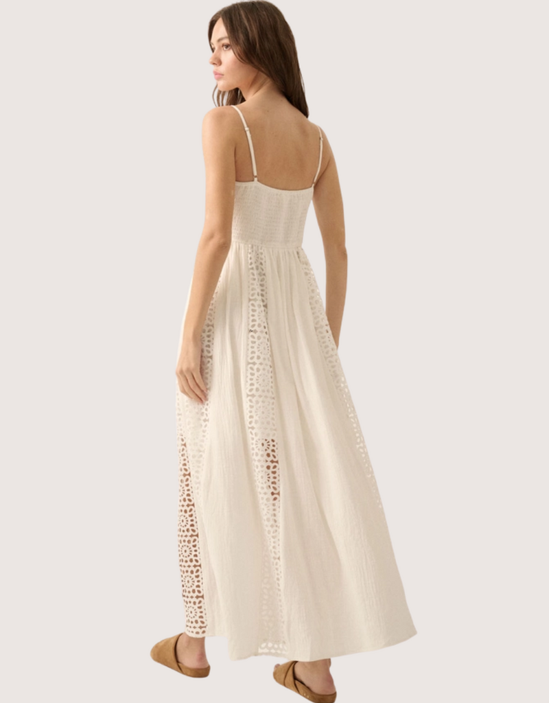 PROMESA Crochet Lace and Crepe Paneled Maxi Dress Off White