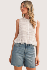 &MERCI Shirred Button Top With Lace Trim White
