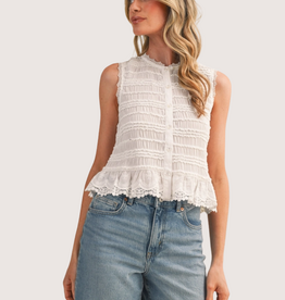 &MERCI Shirred Button Top With Lace Trim White