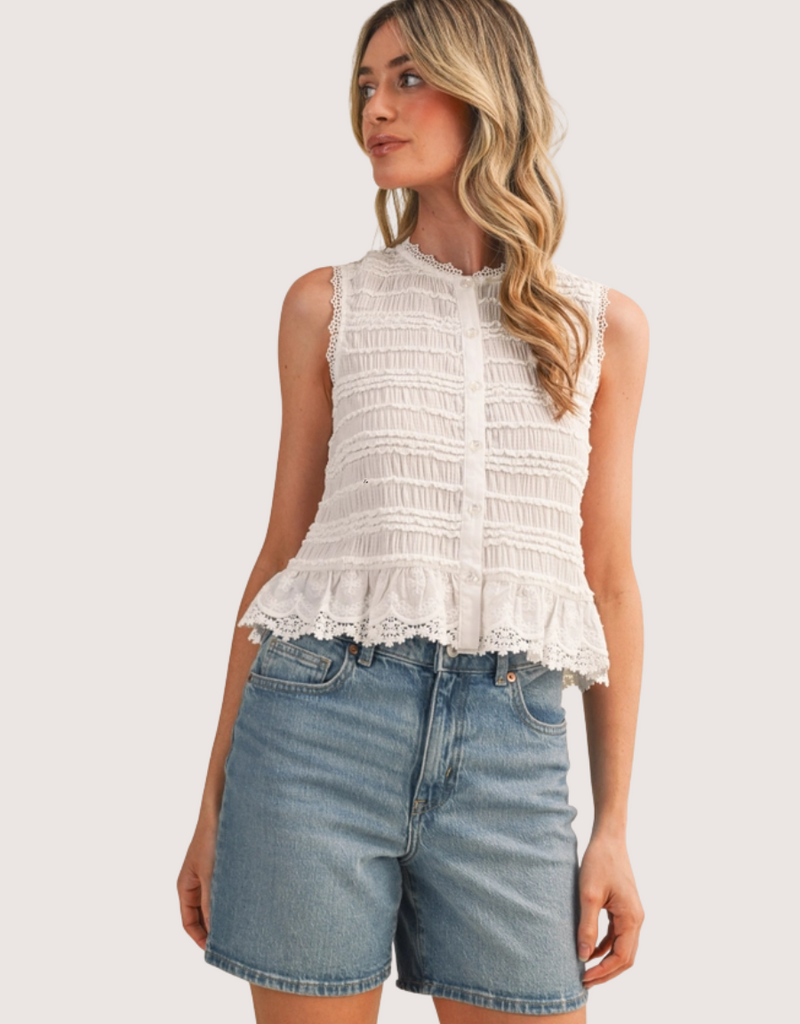 &MERCI Shirred Button Top With Lace Trim White