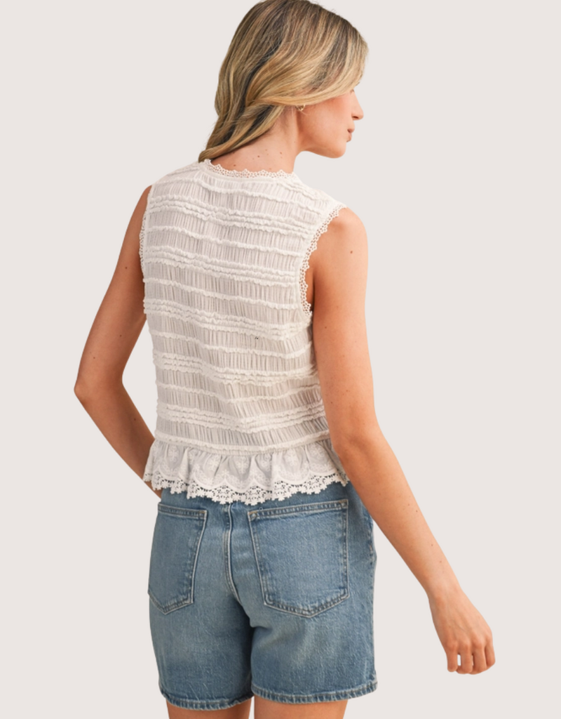 &MERCI Shirred Button Top With Lace Trim White