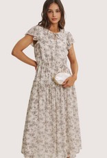 IN FEBRUARY Petal Whisper Flowy Neutral Midi Dress with Scalloped Ruffle