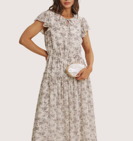 IN FEBRUARY Petal Whisper Flowy Neutral Midi Dress with Scalloped Ruffle