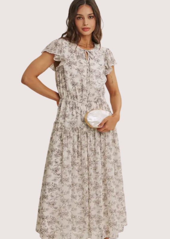 IN FEBRUARY Petal Whisper Flowy Neutral Midi Dress with Scalloped Ruffle