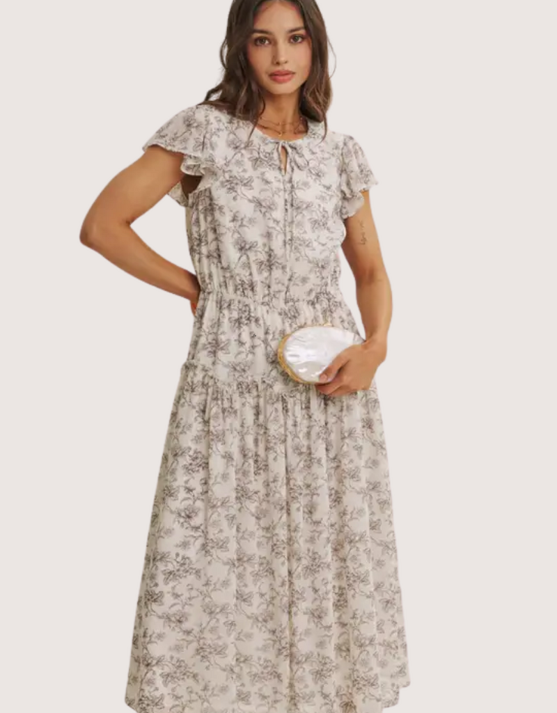 IN FEBRUARY Petal Whisper Flowy Neutral Midi Dress with Scalloped Ruffle
