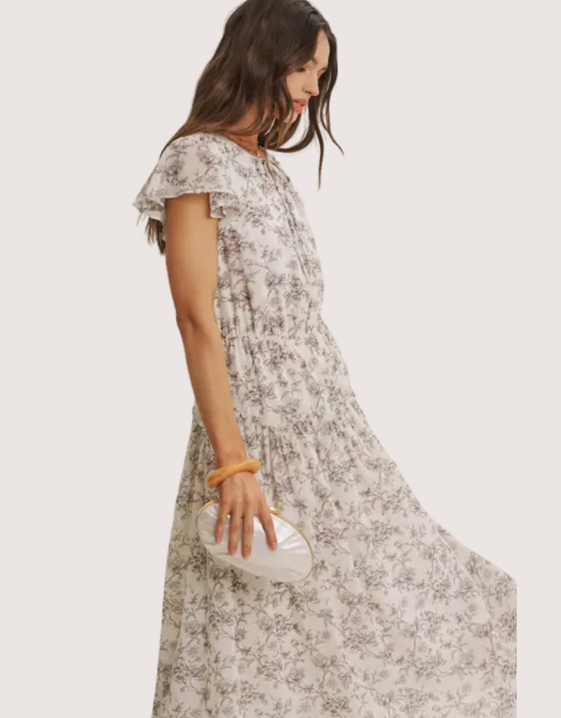 IN FEBRUARY Petal Whisper Flowy Neutral Midi Dress with Scalloped Ruffle