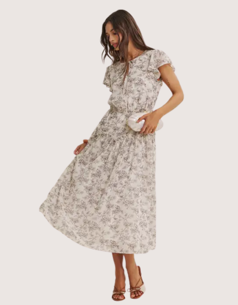 IN FEBRUARY Petal Whisper Flowy Neutral Midi Dress with Scalloped Ruffle