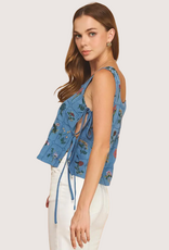 STRUT & BOLT Botanical Embroidered Sleeveless Side Tie Textured Top Denim Bl