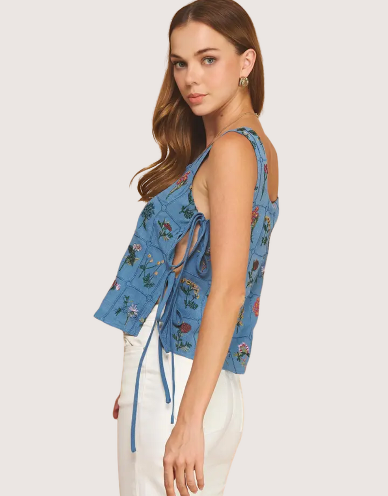 STRUT & BOLT Botanical Embroidered Sleeveless Side Tie Textured Top Denim Bl