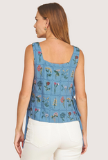 STRUT & BOLT Botanical Embroidered Sleeveless Side Tie Textured Top Denim Bl
