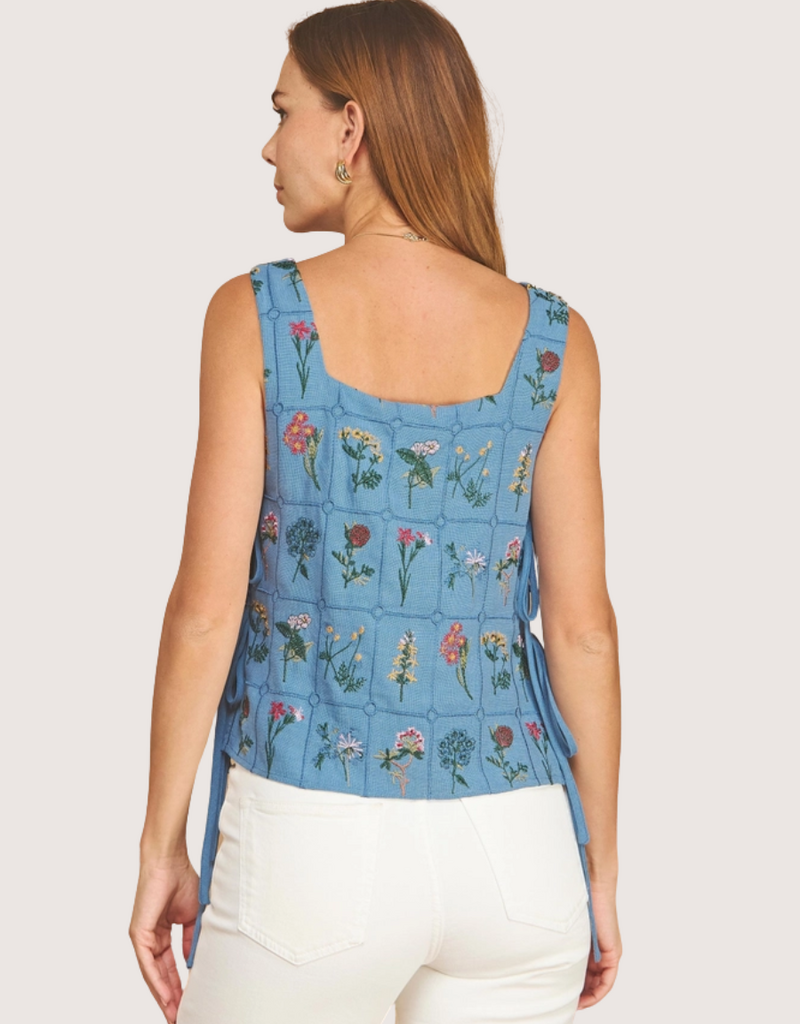 STRUT & BOLT Botanical Embroidered Sleeveless Side Tie Textured Top Denim Bl