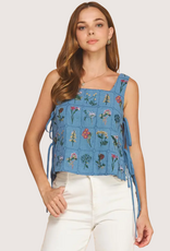 STRUT & BOLT Botanical Embroidered Sleeveless Side Tie Textured Top Denim Bl