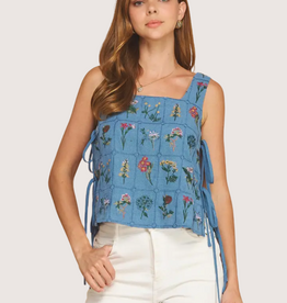 STRUT & BOLT Botanical Embroidered Sleeveless Side Tie Textured Top Denim Bl